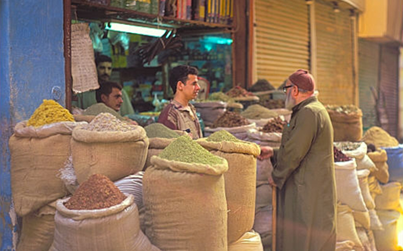   Spice merchants at a market in Cairo.
